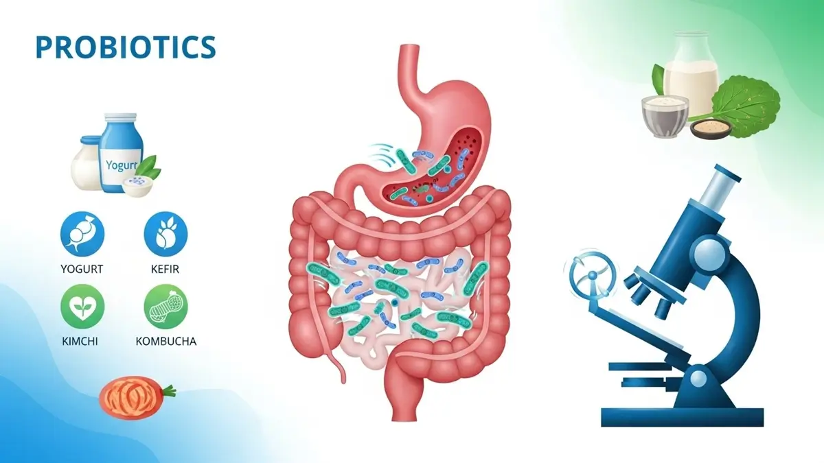 Ilustração científica interativa mostrando o sistema digestivo humano com representação de bactérias probióticas benéficas, alimentos fontes de probióticos como iogurte, kefir, kombucha e kimchi