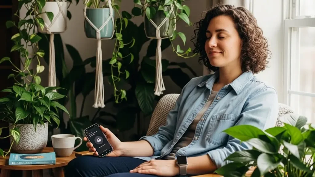 Pessoa praticando autocuidado e equilíbrio digital com apoio da tecnologia