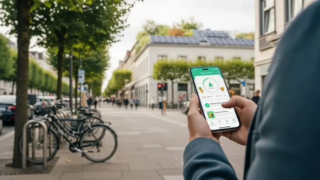 10 Hábitos para Unir Saúde, Sustentabilidade e Tecnologia - Pessoa usando tecnologia para monitorar saúde enquanto adota hábitos sustentáveis no dia a dia.