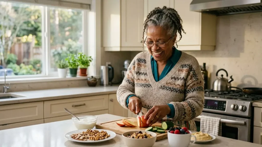 Pessoa 60+ preparando alimentação rica em probióticos