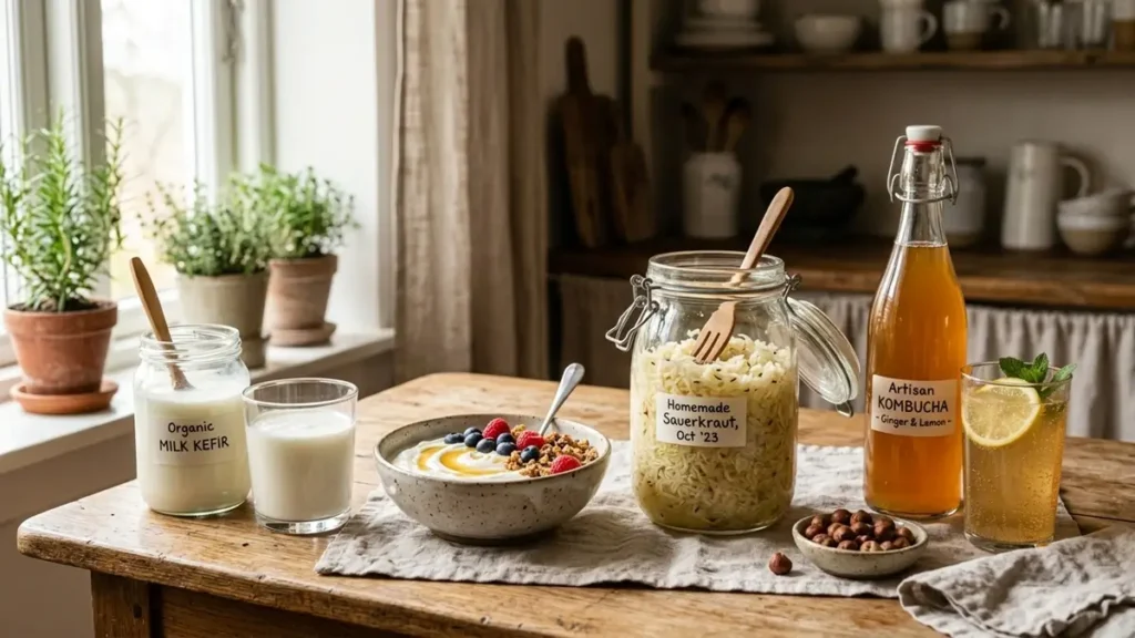 Alimentos ricos em probióticos sobre a mesa
