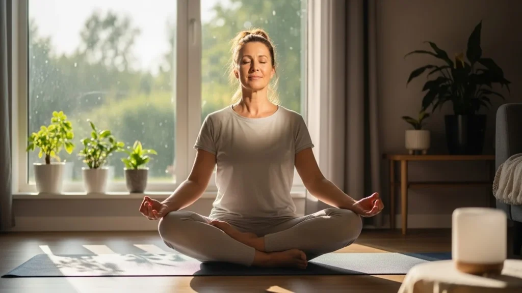 Mulher de meia-idade praticando yoga em casa perto da janela, com luz natural e ambiente calmo.