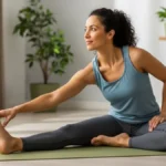 Mulher brasileira de 45 anos fazendo alongamento em tapete de yoga, em casa, com roupas confortáveis e sorriso tranquilo.