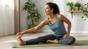 Mulher brasileira de 45 anos fazendo alongamento em tapete de yoga, em casa, com roupas confortáveis e sorriso tranquilo.