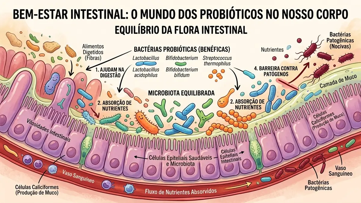 Ilustração de probióticos atuando na flora intestinal