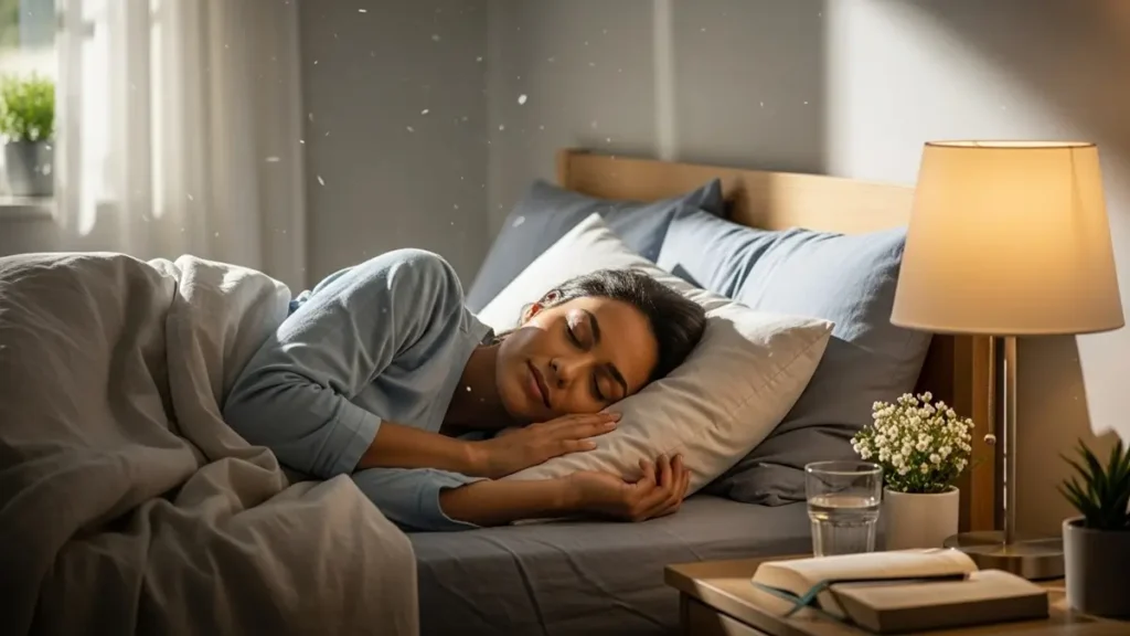 Como Alcançar um Sono de Qualidade: Estratégias Comprovadas - Revitalize Sua Saúde Mental 2 Mulher encontrando paz em sono reparador — representação visual de saúde mental restaurada.