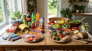 Piores Alimentos -Comparação entre alimentos ultraprocessados e alimentos naturais na mesa