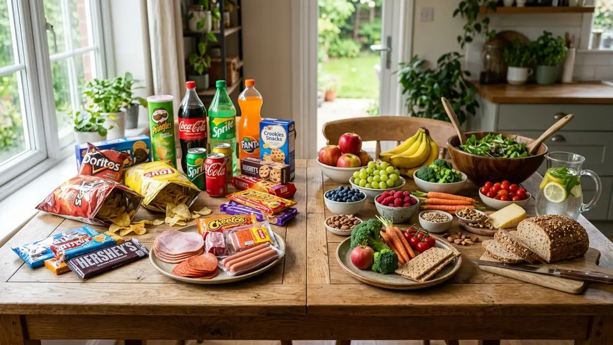 Piores Alimentos -Comparação entre alimentos ultraprocessados e alimentos naturais na mesa