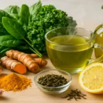 Arterias Limpas, Coracao Forte O Guia para Blindar sua Saude - Alimentos naturais para limpar artérias e fortalecer o coração, incluindo chá verde, cúrcuma, alho, espinafre, azeite e limão.