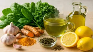 Arterias Limpas, Coracao Forte O Guia para Blindar sua Saude - Alimentos naturais para limpar artérias e fortalecer o coração, incluindo chá verde, cúrcuma, alho, espinafre, azeite e limão.