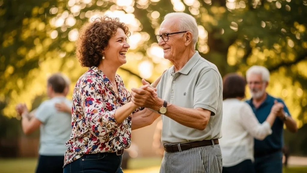 Casal idoso dançando juntos ao ar livre, sorrindo e se divertindo em um jardim ensolarado. Mulher com cabelos cacheados e blusa estampada, homem com óculos e camisa clara.