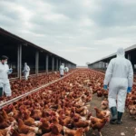 Profissionais com roupas de proteção inspecionam uma granja com aves, durante surto de gripe aviária.