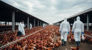 Profissionais com roupas de proteção inspecionam uma granja com aves, durante surto de gripe aviária.