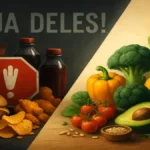 Alimentos ultraprocessados vs. alimentos naturais. De um lado, salgadinhos, refrigerante e comida congelada. Do outro, frutas frescas, legumes, nozes e grãos. Ilustração sobre escolhas alimentares saudáveis.