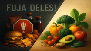 Alimentos ultraprocessados vs. alimentos naturais. De um lado, salgadinhos, refrigerante e comida congelada. Do outro, frutas frescas, legumes, nozes e grãos. Ilustração sobre escolhas alimentares saudáveis.