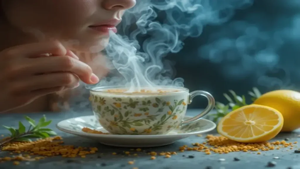 Pessoa segurando xícara de chá de gengibre quente com vapor, acompanhada de limão e especiarias ao fundo, ideal para digestão e alívio de náuseas