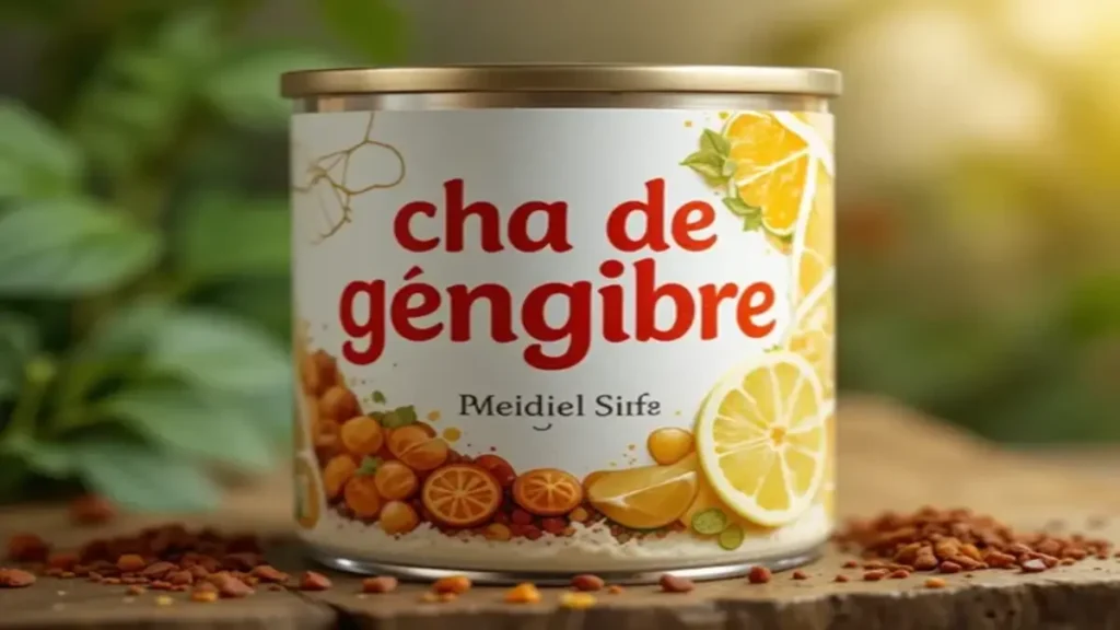 Lata decorativa com ilustração de chá de gengibre com limão e especiarias, representando receita caseira natural para digestão e náuseas