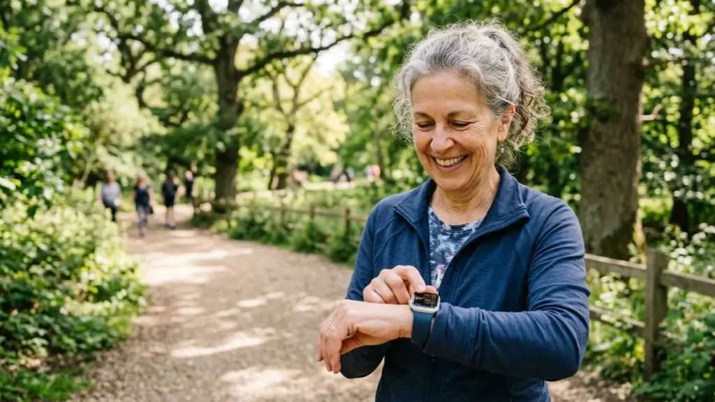 Mantenha o Ritmo: As Principais Tendências Fitness para 2026 1 Idosa usando smartwatch para monitorar tendências fitness