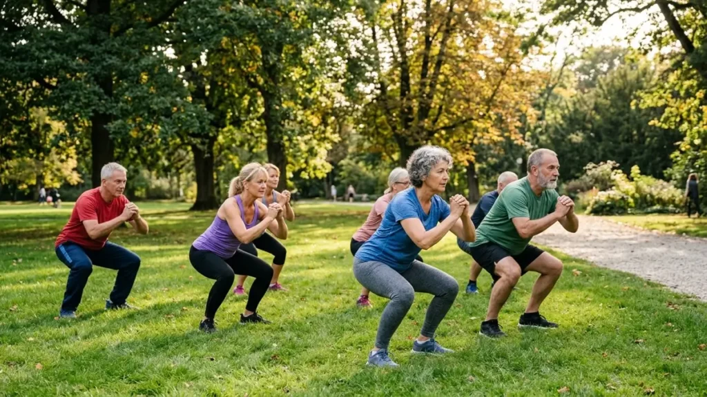 Mantenha o Ritmo: As Principais Tendências Fitness para 2026 3 Grupo 60+ praticando treinamento funcional ao ar livre