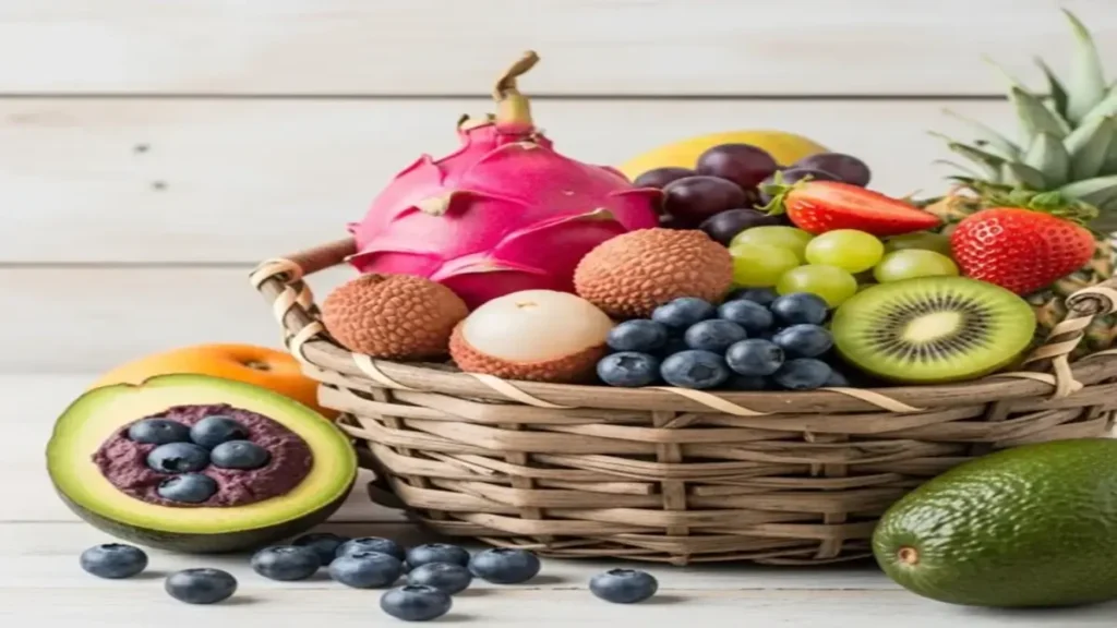 20 Frutas Poderosas - Cesta com frutas saudáveis e coloridas como açaí, kiwi, pitaya e mirtilo sobre madeira