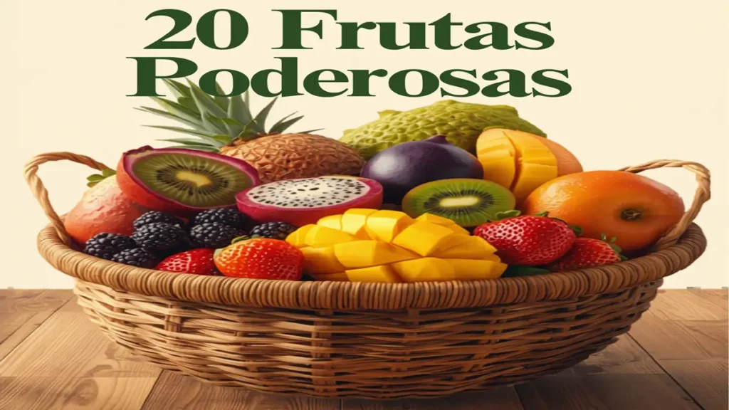 Cesta rústica sobre madeira com 20 frutas poderosas coloridas como açaí, kiwi, pitaya e mirtilo