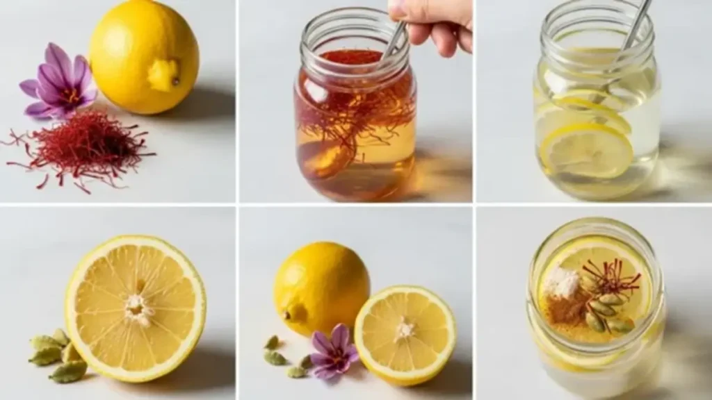 Açafrão com Limão: Benefícios, Para Que Serve, Como Tomar e Receita Comprovada pela Ciência 1 Sequência visual: preparo de água de açafrão com limão, mostrando ingredientes, mistura em jarra e resultado final decorado com especiarias.