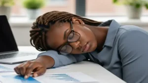 Uma mulher negra de pele escura com tranças castanhas, vestindo uma blusa azul-acinzentada e óculos, está dormindo em uma mesa de escritório branca.