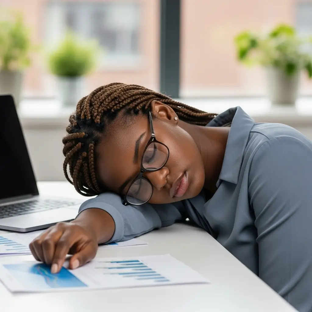 Uma mulher negra de pele escura com tranças castanhas, vestindo uma blusa azul-acinzentada e óculos, está dormindo em uma mesa de escritório branca.