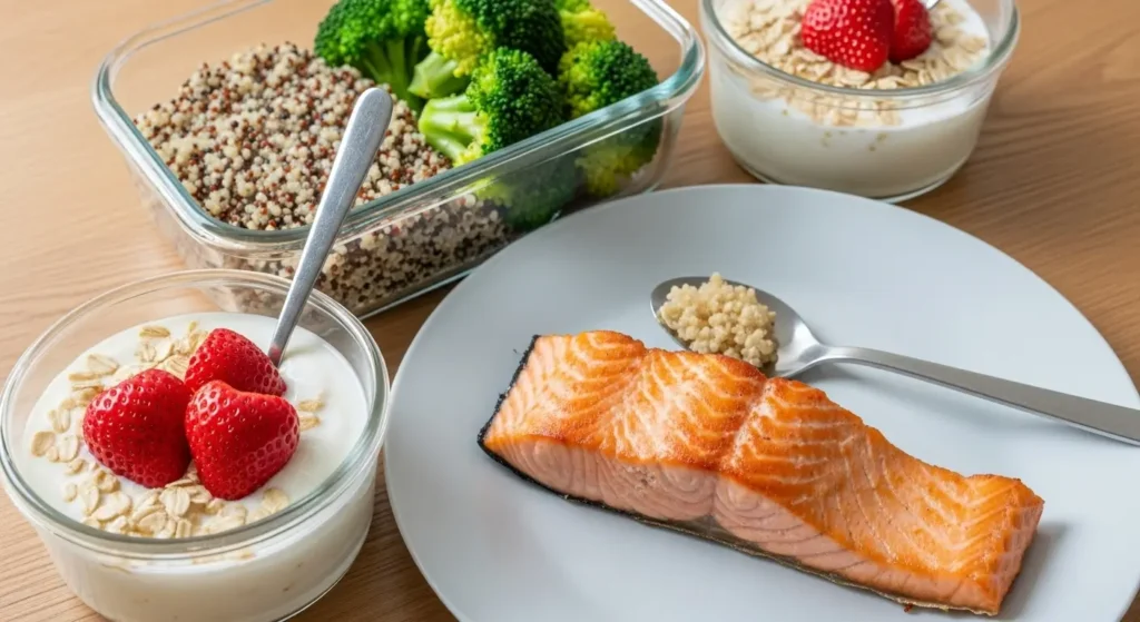 Mesa com alimentos saudáveis: salmão, quinoa, brócolis, iogurte e frutas vermelhas.