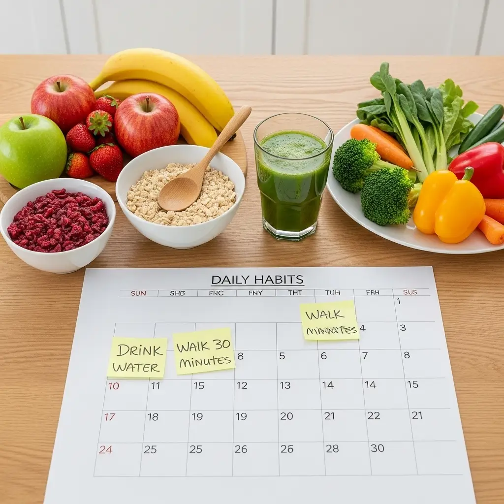Mesa com alimentos saudáveis ​​e calendário de hábitos, representando esperança ativa aos 60+.