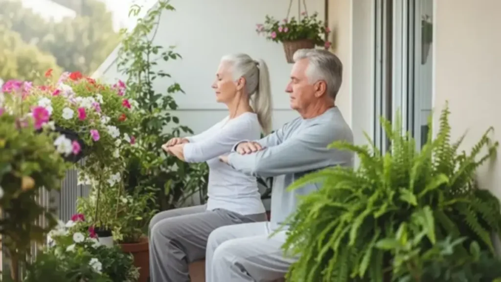 Exercícios fáceis para Idosos - Casal de idosos praticando respiração e alongamento