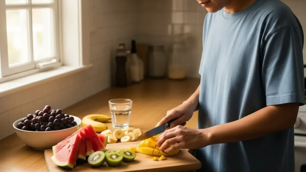 Pessoa preparando frutas para uma alimentação saudável