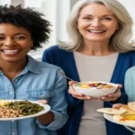 Grupo de idosos sorridentes em um jardim, com alimentos saudáveis como frutas, legumes e água ao fundo.