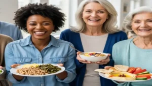 Grupo de idosos sorridentes em um jardim, com alimentos saudáveis como frutas, legumes e água ao fundo.