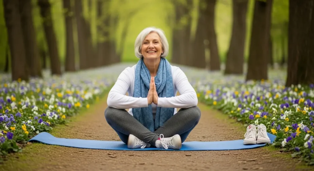 Idosa fazendo yoga em um tapete em um parque, com flores e árvores ao fundo.