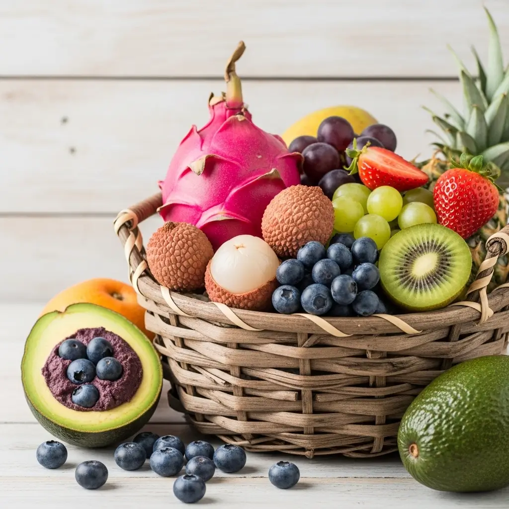 Cesta com frutas saudáveis e coloridas como açaí, kiwi, pitaya e mirtilo sobre madeira
