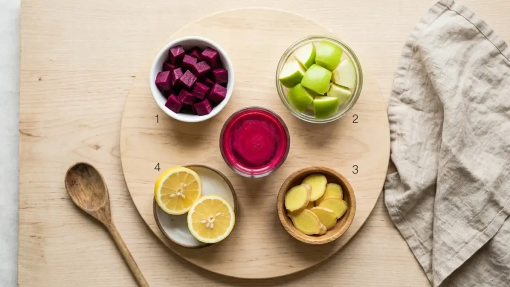 Suco de beterraba para anemia - Flat lay com quatro ingredientes numerados: beterraba em cubos, maçã verde, gengibre fatiado e limão ao meio, com copo de suco magenta no centro