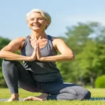 Mulher sorridente com cabelos grisalhos fazendo yoga em um parque radiante, simbolizando qualidade de vida aos 60+.