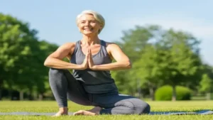 Mulher sorridente com cabelos grisalhos fazendo yoga em um parque radiante, simbolizando qualidade de vida aos 60+.