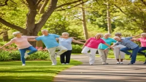 Idosos praticando yoga em um parque e alimentos saudáveis como salmão e brócolis, representando vitalidade na terceira idade.