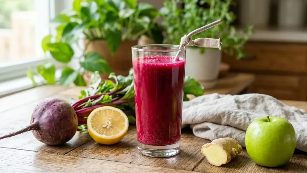 Suco de beterraba para anemia com beterraba, limão, gengibre e maçã verde ao redor em mesa rústica – receita para anemia e fadiga