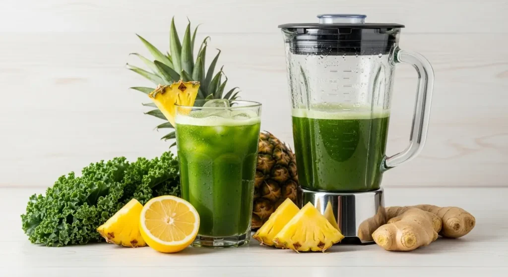 Um liquidificador e um copo alto com suco verde vibrante (couve e abacaxi), gelo e gotas de condensação