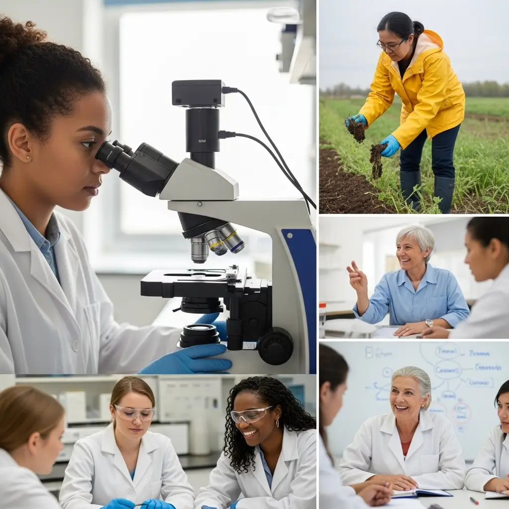 Uma colagem de cientistas mulheres de diversas etnias e idades em ambientes de pesquisa