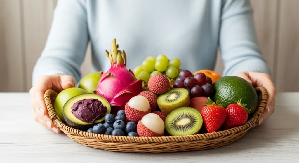 Pessoa most5rando cesta com frutas saudáveis e coloridas como açaí, kiwi, pitaya e mirtilo sobre madeira