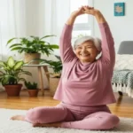 Uma pessoa idosa, sorridente, fazendo alongamento em casa