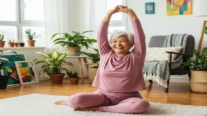 Uma pessoa idosa, sorridente, fazendo alongamento em casa