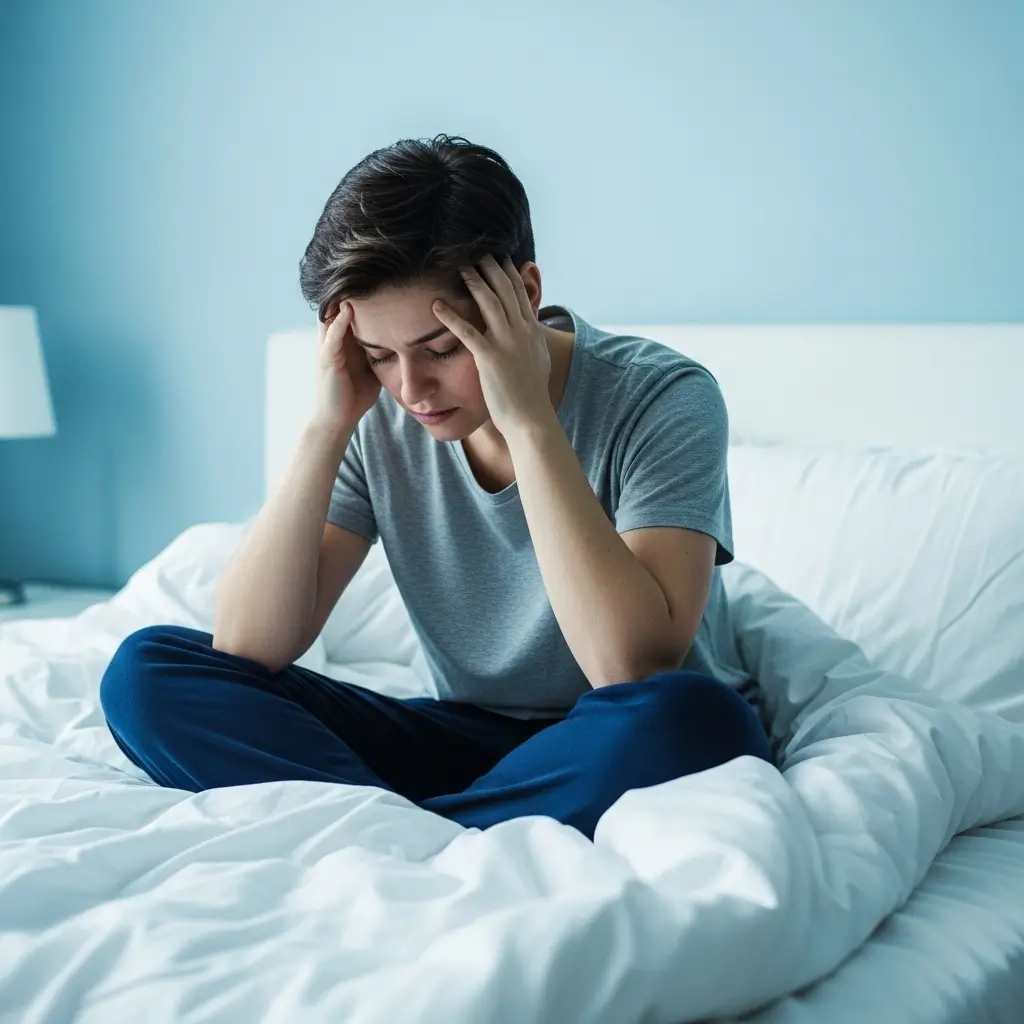 Uma pessoa sentada na cama, segurando a cabeça com expressão de cansaço emocional