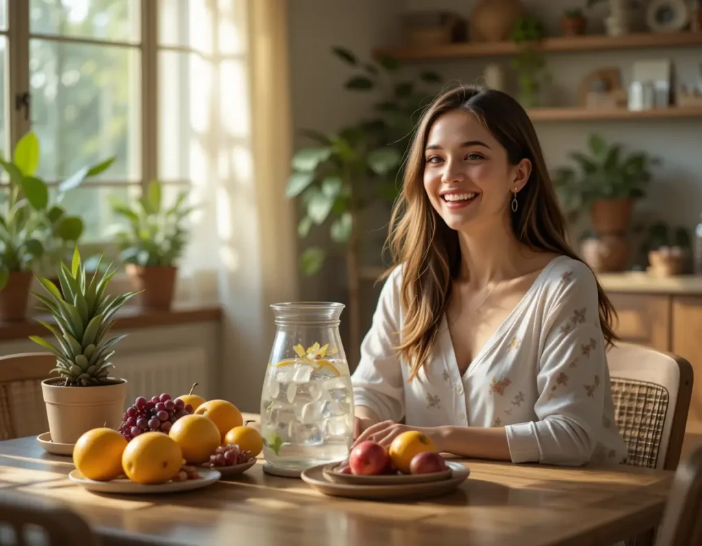 Uma pessoa sorridente segurando uma garrafa de água e com frutas na mesa