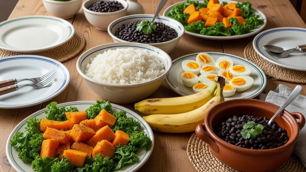 Mesa organizada com alimentos saudáveis acessíveis: arroz, feijão, ovos, abóbora, couve, banana e feijão preto.