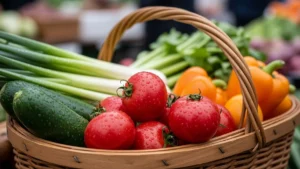 Cesta de feira com legumes frescos e acessíveis — símbolo de alimentação saudável com baixo orçamento.